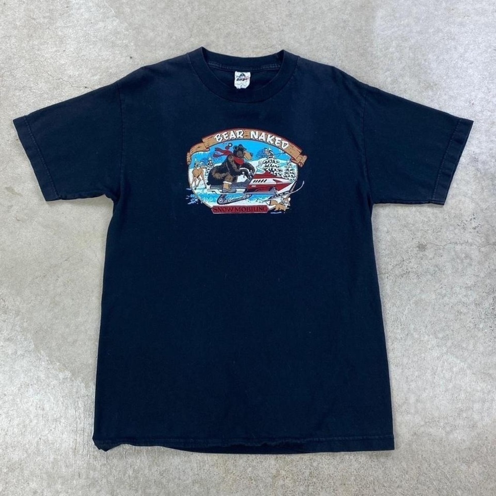 Vintage‎ Bear Snowmobiling Naked Shirt Size Medium Black Outdoor Winter Nature